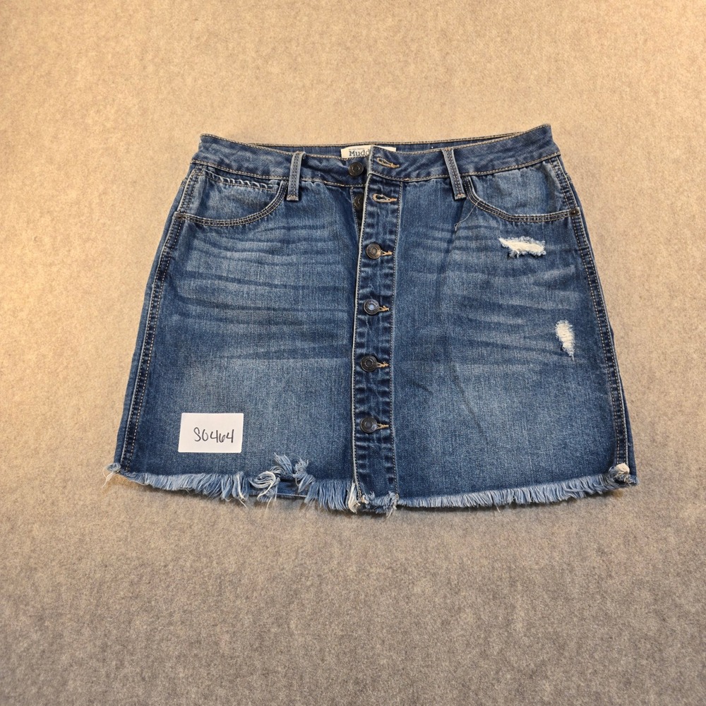 Mudd Blue Denim Mini Skirt Button Front Distressed Frayed Hem‎ Size 11